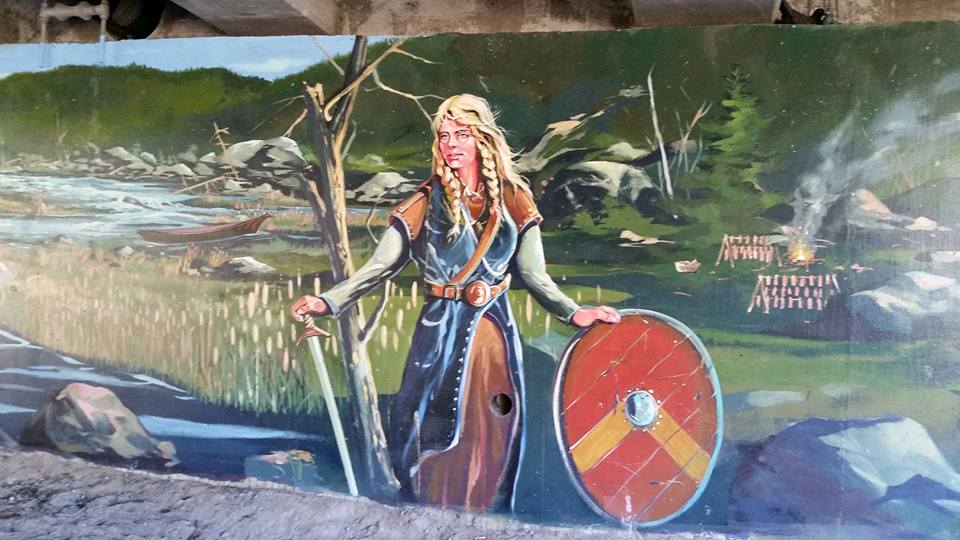 Poulsbo Dogfish Creek Park bridge artwork Viking Woman with shield